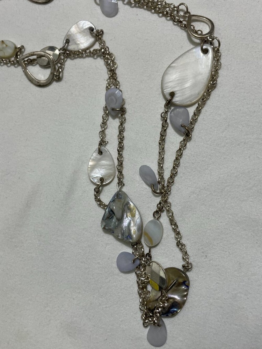 Long Double Strand Necklace Mixed Bead Iridescent Discs Gray Charms Gold Tone